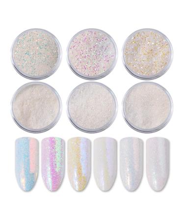 Suxgumoe Nail Glitter Powder 6 Color Chrome Nail Powder Aurora Pearl White Nail Powder Holographic Mermaid Mirror Effect Glitter Sequins for Nail Art Decoration 50 g A Glitter Powder