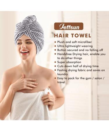 JEFFSUN Microfiber Hair Towel Wrap 2 Pack - Super Absorbent Hair Turban for Women & Girls - Quick Dry for Curly, Long, Thick, Frizzy Hair - Grey & Stripes - Buy Online on SooperMarket.com