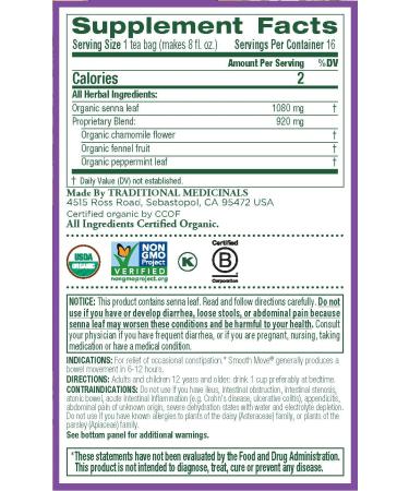 Organic Smooth Move Tea - Senna & Chamomile Herbal Blend, 32 Total Bags for Occasional Constipation Relief (Pack of 2) - Buy Online on SooperMarket.com