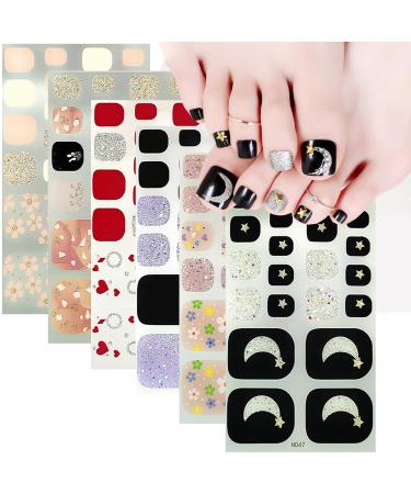 6 Sheets Toenail Stickers Stars Moon Flower Designs Gel Toenail Stickers Self-Adhesive Toenail Polish Stickers Full Toenail Wraps Toenail Art Stickers for Women Girls Toenail Decoration