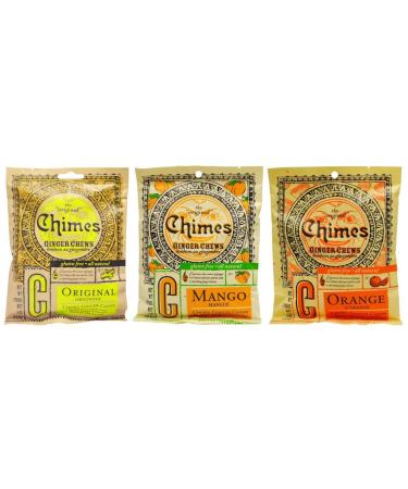 Assorted Fruit Ginger Chews (3-Pack)- (3) Chimes 5oz Bags - ORIGINAL, MANGO & ORANGE | All-Natural, Gluten-Free, VEGAN, Real Indonesian Java Ginger | A Delightful & Healthy Escape From The Ordinary