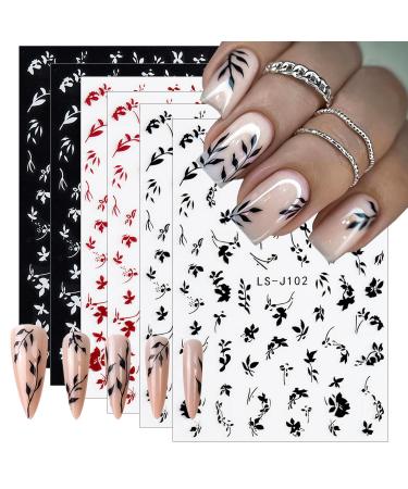 6 Sheets Leaf Nail Art Stickers 3D Flower Nail Decals Self-Adhesive Nail Supplies Red White Black Leaves Floret Nail Designs Stickers Flowers Leaves Nail Decorations for Women DIY Manicure Accessories