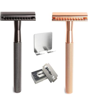Oueyfer Double-Sided Safety Razor - Premium Zinc Alloy & Metal Handle for Effortless Hair Removal - Stylish Rose Gold with Bracket - Buy Online on SooperMarket.com