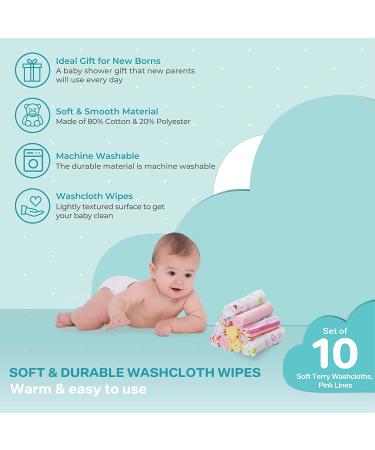 Spasilk Newborn Washcloth Wipes Set - Soft Terry Cloth, 10 Pack Pink Lines - Buy Online on SooperMarket.com