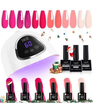 Gel Nail Polish Kit LKE Gel Nail Polish Starter Kit with 72W UV Lamps for Gel Nails 6 Colors Gel of Barbie Pink Nail Polish with Glossy & Matte Top and Base Coat Manicure DIY Gifts Set for Women White