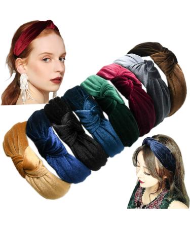 C LLOT 8 Pieces Solid Color Knoted Headbands Girls Velvet Knot Hair Hoop Wide Vintage Twisted Headwear for Woman Hair Accessories 8 Solid Colors