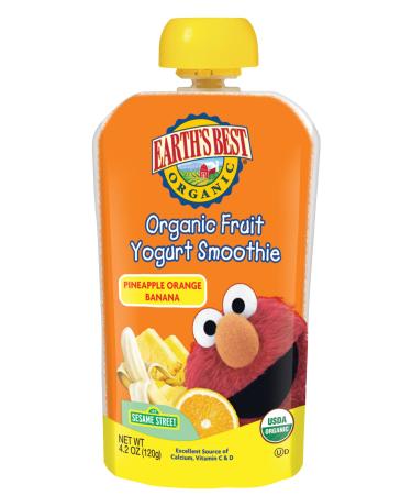 Earth's Best Organic Sesame Street Toddler Fruit Yogurt Smoothie, Pineapple, Orange and Banana, 4.2 oz. Pouch (Pack of 12)