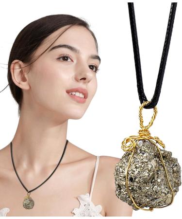 Pyrite Crystal Pendant - Natural Gold Wire Wrapped Raw Pyrite Necklace for Men Handmade Healing Gemstone Pendant Necklace with Black Macrame Cord Frifer - Buy Online on SooperMarket.com