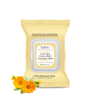 Babo Botanicals Moisturizing 3-in-1 Face, Hand & Body Cleansing Wipes - with Organic Calendula & Natural Oat - for Babies, Kids & Adults with Sensitive or Dry Skin - 30 ct. 30 Count (Pack of 1)