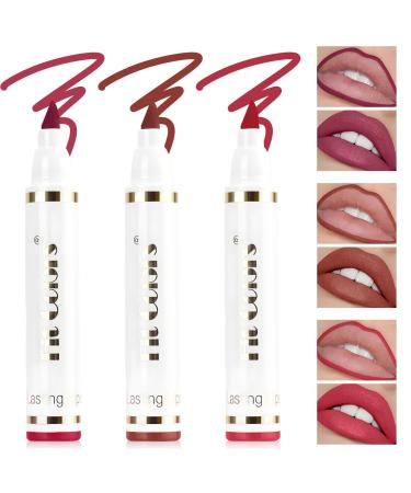 3 Colors Lip Stain Pen Matte Lip Tint Stain Marker Liquid Lip Liner Pen Long Lasting Hydrating Natural Lipstick Pen Waterproof Quick Drying Precise Chisel Tip Marker Lip Makeup (01+02+03)