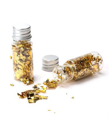 Edible Gold Leaf Sheets Cake Sprinkles Small Foil Paper Food Decorating Multifunction Food Colouring Topper Lustre Dust Ornament Flakes for Chocolate Drink Ice Cream Decoration Mask (2 Bottle)