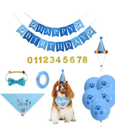 NiCoLa Dog Birthday Party Supplies Boy Dog Birthday Decorations with Dog Birthday Hat Banner Bandana Latex Birthday Balloons for Dog Birthday Age 1 to 10 Blue