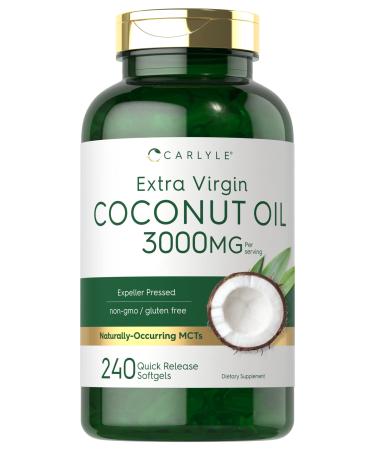 Coconut Oil Softgel Capsules | 3000 mg | 240 Count | Non-GMO and Gluten Free Extra Virgin Supplement | Naturally Occurring MCTs | by Carlyle