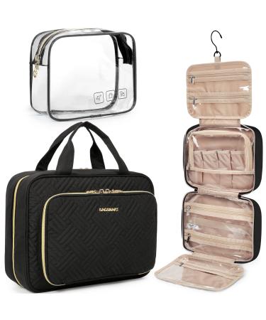 BAGSMART Toiletry Bag Hanging Travel Makeup Organizer with TSA Approved Transparent Cosmetic Bag Makeup Bag for Full Sized Toiletries, Large-Black Black Large