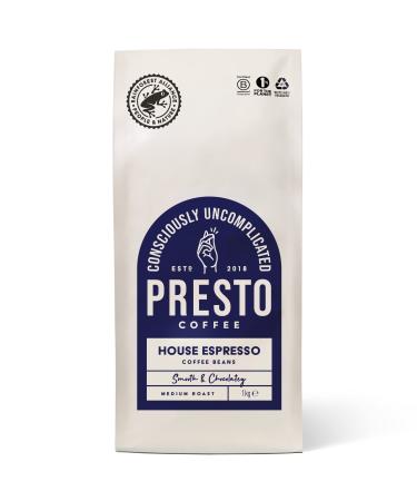 Presto Coffee House Espresso Speciality Coffee Beans 1kg Medium Roast (4/5) Tasting Notes of Chocolate and Almond Rain Forest Aliance Certifed 100% Arabica