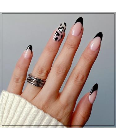 JUSTOTRY 24 Pcs Almond Short False Nails with Heart Black French Press on Nails Pattern Trendy Fake Nails Short with Nail Glue Oval Medium Stick on Nails for Women Nails Fake Nail for Nails Art black&heart2