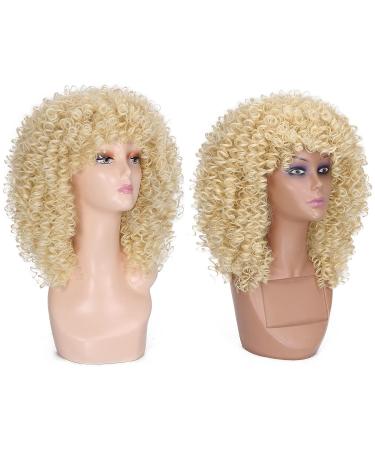 Lady Miranda Blonde Afro Kinky Curly Wig with Bangs | Medium Length Heat Resistant Synthetic Hair Wig for Women | Curly Blonde Wig 0-613 - Buy Online on SooperMarket.com