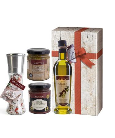 4 TLG Greek olive oil gift set Christmas |Oil sea salt tapenade (olive paste) olive pesto |In gift box with wood look and loop |by Aristos (oil salt pesto paste)