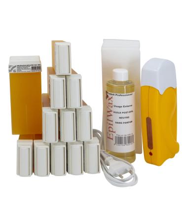 EpilWax Complete Hair Removal Waxing Kit - with 12 Honey Wax Roll-on Cartridges Roll On Wax Heater 100 Strips and Waxing Oil Honey 1 count (Pack of 1)