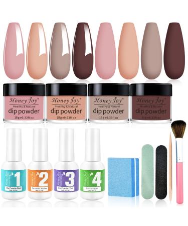 Dip Powder Nail Kit for 4 Colors Nude Pink Brown Dip Powder Starter Kit Acrylic Dipping System 4 PCS Dipping Powder 4 PCS 15ml Liquid Nail Kit Acrylic Set (Dip-4x15ml-8pcs-01)
