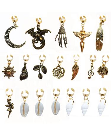 19 PCS Adjustable Hair Cuffs & Charms for Braids | Gold Hair Jewelry Set | Sun Moon Pterosaur Wing Shell Rose Leaf Hair Pendants | DIY Dreadlock Accessories - Buy Online on SooperMarket.com