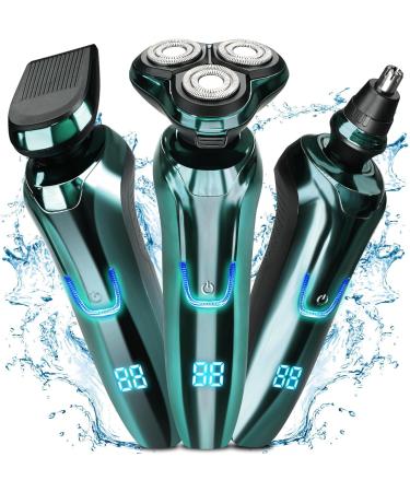 Electric Razor for Men 3 in 1 Mens Electric Shavers IPX7 Waterproof Dry and Wet Rotary Shavers Cordless Rechargeable Shaver Sideburn Nose Trimmer with LCD Display Green