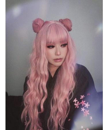 YEESHEDO 28 Inch Long Pink Synthetic Wavy Wig with Fringe for Women - Ideal for Party, Cosplay, or Daily Wear - Buy Online on SooperMarket.com
