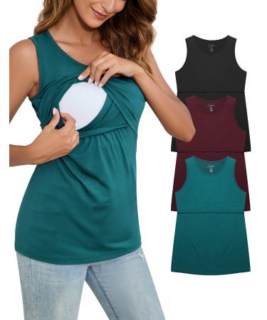Sosolism Rayon Nursing Tank Top Breastfeeding Sleeveless Maternity Vest Maternity Clothes 3 Pack M Black/Red/Green