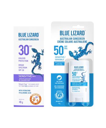 BLUE LIZARD Sensitive Skin Sunscreen Combo Pack for Face SPF30 Mineral Sunscreen for Face Fragrance-Free Sunscreen Lotion for Sensitive Skin SPF 50 Sunscreen Stick 2 Count 48g Tube and 14g Stick