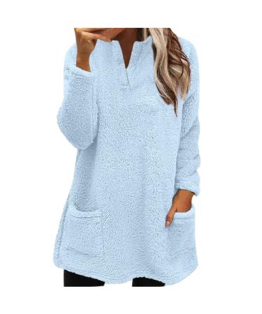 AMhomely Ladies Womens Soft Teddy Fleece Hooded Jumper Plus Size Double Fleece Casual Hoodies With Pocket V Neck Soft Fleece Hooded Sweatshirts Plain Pullover Tops Winter Lightweight Lounge Tops 04 Blue S