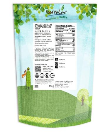 Organic Unhulled Sesame Seeds 2 lbs - Non-GMO, Raw White Sesame Seeds - Kosher, Vegan - High in Fiber, Protein, Iron - Crunchy Texture - Ideal for Baking - Buy Online on SooperMarket.com