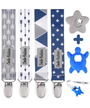 The Dodo Babies pacifier clip and bite ring toy set contains four clips and two silicone bite ring toys a universal holder and funny blue and gray prints for girls or boys.