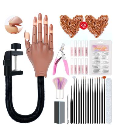 Saviland Practice Hand for Acrylic Nails  Flexible Moveable Fake Hands  Manicure Trainng Hand Nail Kit for Beginners  Movable Nail Maniquin Hand with 200PCS Nail Tips  Nail Glues  Brush and Clipper A1-Practice Hand