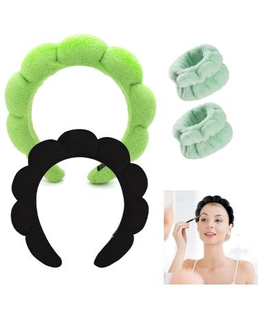Spa Headband for Washing Face Makeup Headband Bubble Skincare Headbands with Face Wash Wristbands Terry Cloth Headband Soft Puffy Headband for Women Gifts Black+Green