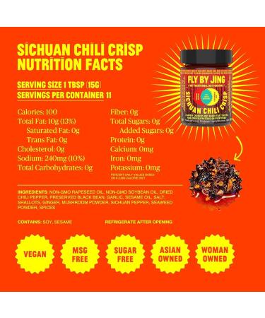 FLY BY JING Sichuan Chili Crisp 6oz Deliciously Savory Umami Spicy Tingly Crispy Gourmet All Natural Vegan Gluten-Free Hot Chili Oil Sauce with Sichuan Pepper Good on Everything - Buy Online on SooperMarket.com