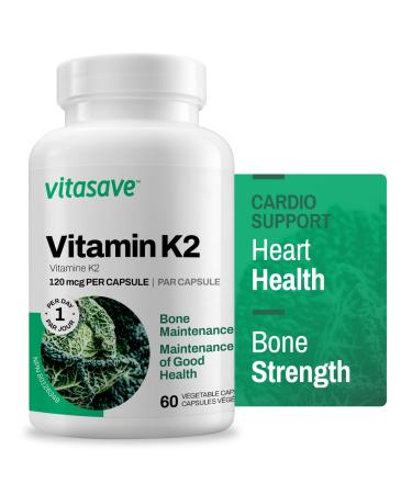 Vitasave Vitamin K2 120mcg 60 Vegetarian Capsules | Supplement with Premium MK-7 | Non-GMO Formula with Maximum Absorption | Supports Healthy Bone Maintenance | Made in Canada 60 count (Pack of 1)