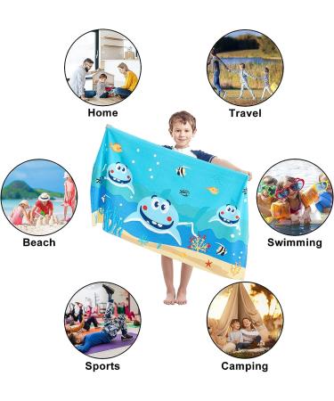 Kids Beach Towel - Super Absorbent Quick Dry Microfiber - Cute Shark Design - 24''x 48'' - 300GSM Thick Soft - Sand Free - Ideal for Beach, Pool, Swim, Bath, Travel, Picnic, Camping - Boys and Girls - Buy Online on SooperMarket.com