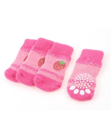 Ruilogod 2 Pairs Pink Strawberry Paw Pattern Elastic Nonslip Pet Dog Socks s