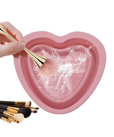 DASHIELL Makeup Brush Cleaner Bowl Heart Shape Silicone Cosmetic Brush Cleaner | Foldable Portable Washing Tool Brush Cleaning Pad for Makeup Lovers pink