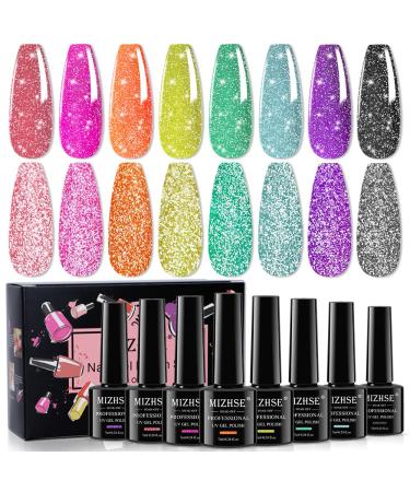 MIZHSE Reflective Glitter Gel Polish Set,Neon Reflective Gel Polish Shimmery Sparkly Diamond Soak Off UV LED Gel Polish Home Manicure Nail Art Salon Neon Reflective Glitter Gel Polish Set 02