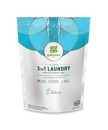 Grab Green 3-in-1 Laundry Detergent Pods, 24 Count, Fragrance Free, Plant and Mineral Based, Superior Cleaning Power, Stain Remover, Brightens Clothes Fragrance Free 24 Count (Pack of 1)