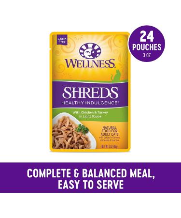 Wellness Grain-Free Wet Cat Food Pouches - Chicken & Turkey, Shredded Protein in Gravy, 24-Pack - Natural, Adult, 3 oz - Buy Online on SooperMarket.com