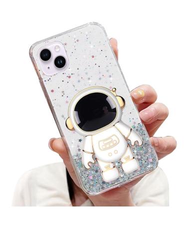 Tivenfezk nadoli for iPhone 14 plus astronaut hidden stand shell caricature glitter stand soft silicone bling transparent protective cover iphone 14 plus clear