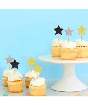 120 Pcs Star Cupcake Toppers Happy New Year Glitter Black Gold and Silver Star Cake Topper Picks Toothpick Toppers New Year Photo Props for New Year Party Supplies (Star) - Buy Online on SooperMarket.com
