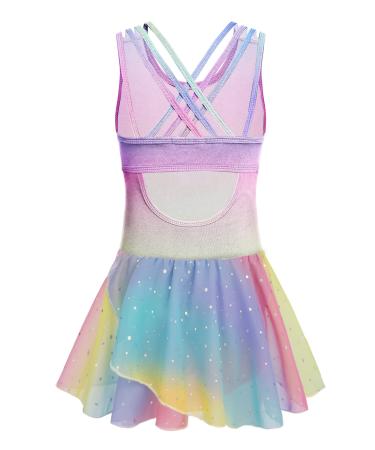 Zaclotre Gymnastics Leotards for Girls Criss Cross Strap Shiny Ballet Dance Dresses Hollow Back Skirted Ballerina Costume 8-9 Years Rainbow Gradient