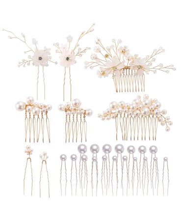 inSowni 26 Pack Gold Flower Pearl Wedding Bridal Hair Side Combs+U Shaped Hair Pins Clips Decorative Barrettes Rhinestone Crystal Accessories Headpieces for Women Girls Brides Bridesmaids