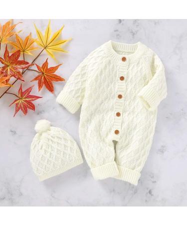 DovFanny Baby Romper Suit | Solid Color Knit Jumpsuit for Newborns | Winter Outfit with Hat (6-12 Months, White) - Buy Online on SooperMarket.com