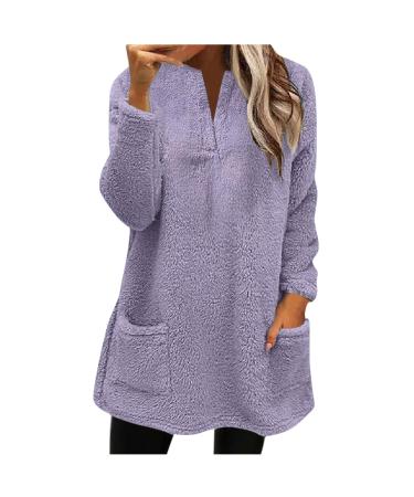 AMhomely Ladies Womens Soft Teddy Fleece Hooded Jumper Plus Size Double Fleece Casual Hoodies With Pocket V Neck Soft Fleece Hooded Sweatshirts Plain Pullover Tops Winter Lightweight Lounge Tops 02 Purple S