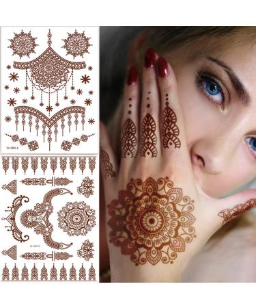 Brown Henna Tattoos for Women Waterproof Temporary Tattoos Henna Stickers Lace Mandalas Semi Permanent Henna Fake Tattoos for Body Arm Hand Festival Show Party Makeup 6 Sheets