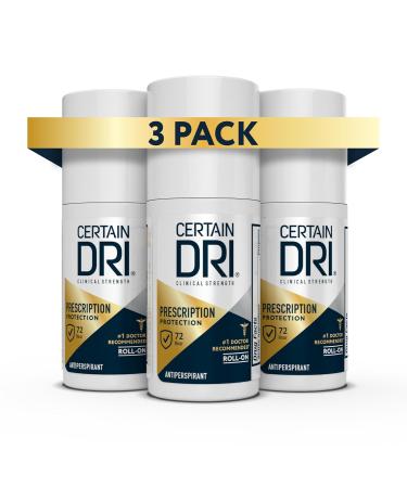 Certain Dri Prescription Strength Clinical Antiperspirant Roll-On Deodorant, Hyperhidrosis Treatment for Men & Women, Unscented, 1.2 Fl oz, 3 Pack